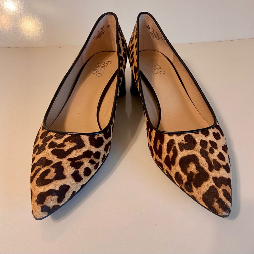 Franco Sarto Callan Leopard Calf Hair Point Toe Stack Heel Pumps Size 10 EUC